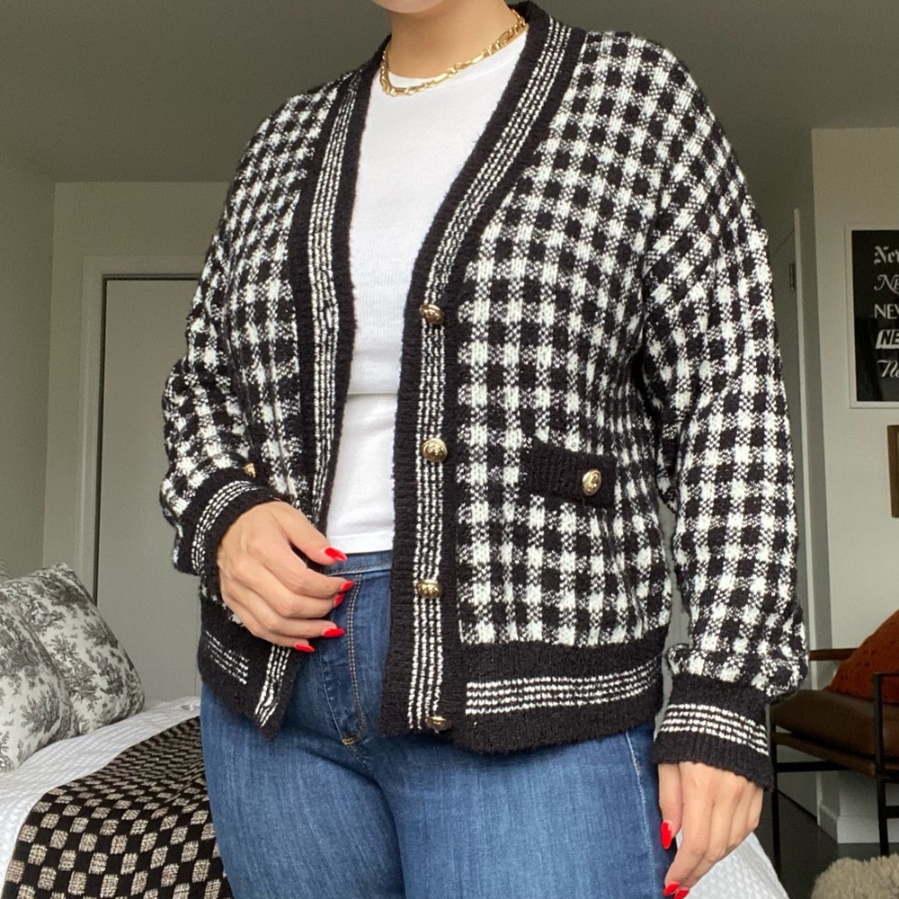 Preppy Black & White Gingham Cardigan